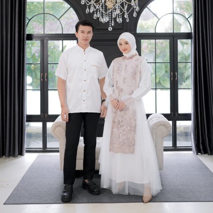 Baju Lebaran Couple 2026 – Valena Demore Gamis Brukat & Kemeja Sarimbit Elegan